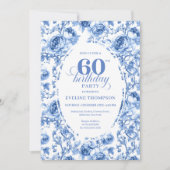 Chic Blue Toile Roses 60th Birthday Invitation  Kaart (Voorkant)