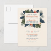 Chic Blue Tropical Leaves Modern Birthday Party Uitnodiging Briefkaart (Voorkant / Achterkant)
