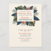 Chic Blue Tropical Leaves Modern Birthday Party Uitnodiging Briefkaart (Voorkant)