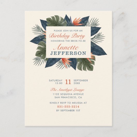 Chic Blue Tropical Leaves Modern Birthday Party Uitnodiging Briefkaart (Voorkant)