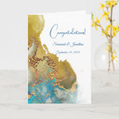 Chic Blue Turquoise Gold Abstracte bruiloft Kaart (Gele Bloem)