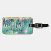 Chic blue turquoise Gold glitter druppelt monogram Bagagelabel (Voorkant horizontaal)
