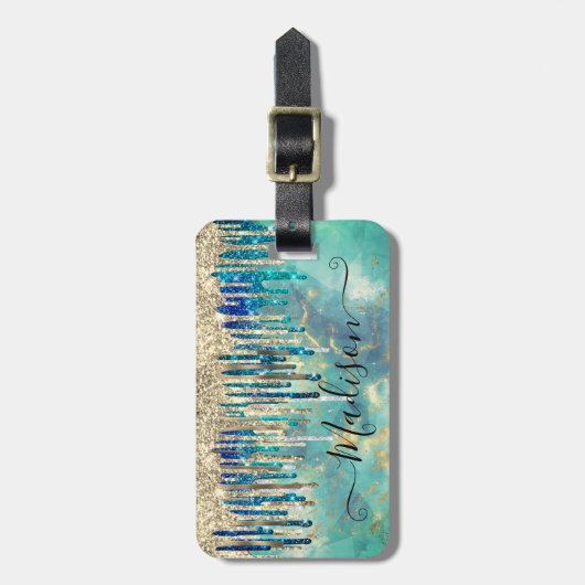 Chic blue turquoise Gold glitter druppelt monogram Bagagelabel (Voorkant verticaal)