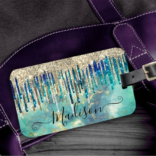 Chic blue turquoise Gold glitter druppelt monogram Bagagelabel