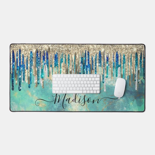 Chic blue turquoise Gold glitter druppelt monogram Bureaumat (Keyboard & Muis)