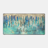 Chic blue turquoise Gold glitter druppelt monogram Bureaumat (Voorkant)