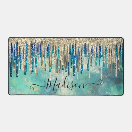 Chic blue turquoise Gold glitter druppelt monogram Bureaumat (Voorkant)