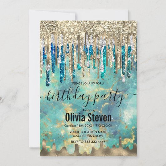 Chic blue turquoise Gold glitter druppelt monogram Kaart (Voorkant)