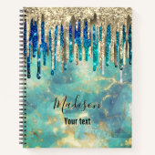 Chic blue turquoise Gold glitter druppelt monogram Notitieboek (Voorkant)