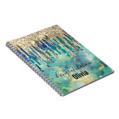 Chic blue turquoise Gold glitter druppelt monogram Notitieboek (Rechterzijde)