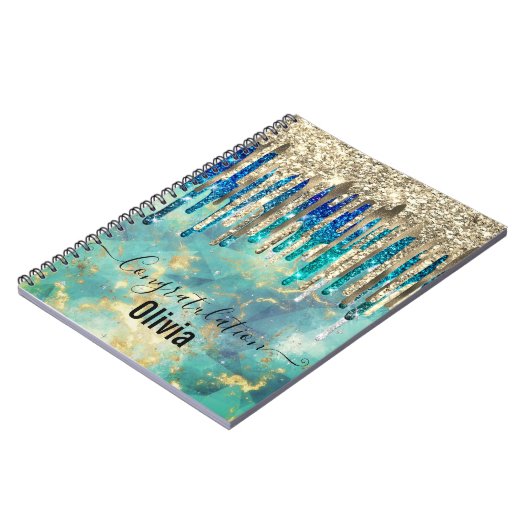 Chic blue turquoise Gold glitter druppelt monogram Notitieboek (Linkerzijde)