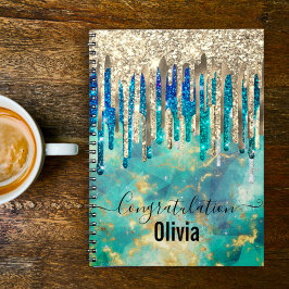 Chic blue turquoise Gold glitter druppelt monogram Notitieboek