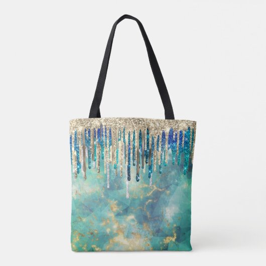 Chic blue turquoise Gold glitter druppelt monogram Tote Bag (Achterkant)