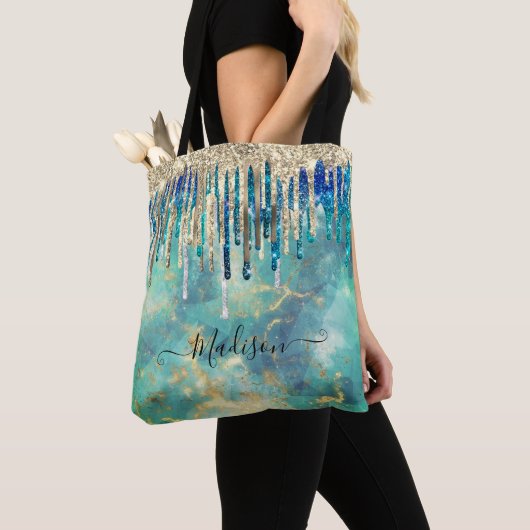 Chic blue turquoise Gold glitter druppelt monogram Tote Bag (Dichtbij)