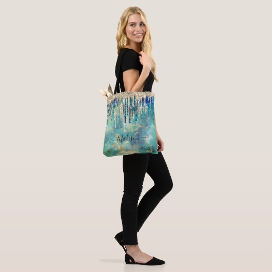 Chic blue turquoise Gold glitter druppelt monogram Tote Bag (Op model)