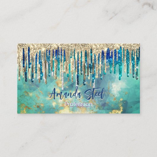 Chic blue turquoise Gold glitter druppelt monogram Visitekaartje (Voorkant)