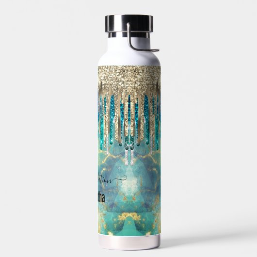 Chic blue turquoise Gold glitter druppelt monogram Waterfles (Links)