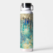 Chic blue turquoise Gold glitter druppelt monogram Waterfles (Achterkant)