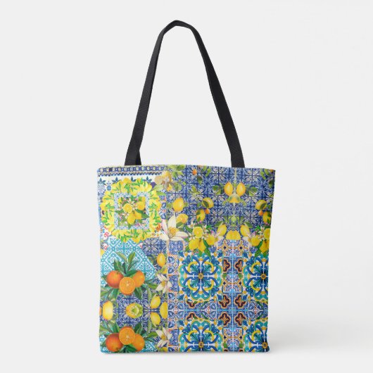 Chic blue turquoise sicilian citrus floral tiles tote bag (Achterkant)