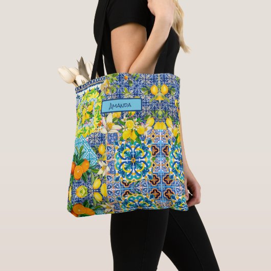 Chic blue turquoise sicilian citrus floral tiles  tote bag (Dichtbij)