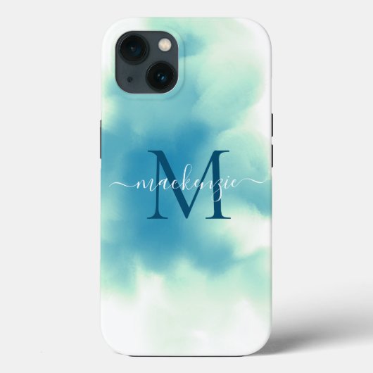 Chic Blue Waterverf Abstract Monogrammed Case-Mate iPhone Case (Achterkant)