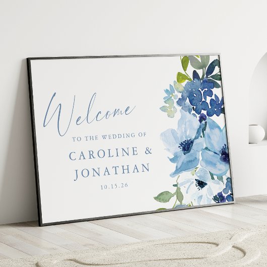 Chic Blue Waterverf Floral Custom Wedding Welcome Poster