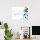 Chic Blue Waterverf Floral Custom Wedding Welcome Poster (Thuiskantoor)