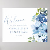 Chic Blue Waterverf Floral Custom Wedding Welcome Poster (Voorkant)