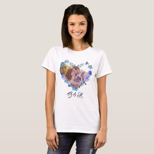 Chic Blue Waterverf Floral Heart Foto Valentijns T-shirt (Voorkant volledig)