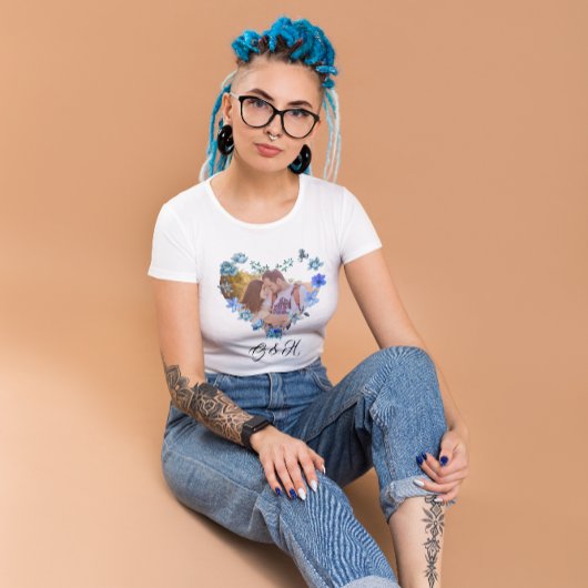 Chic Blue Waterverf Floral Heart Foto Valentijns T-shirt