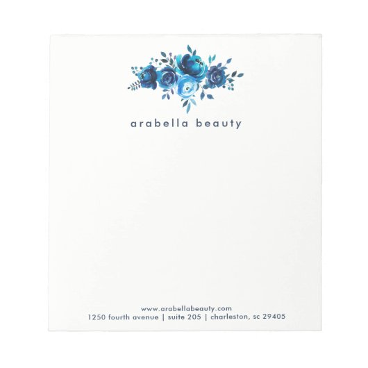 Chic Blue Waterverf Floral met bedrijfsnaam Notitieblok (Voorkant)