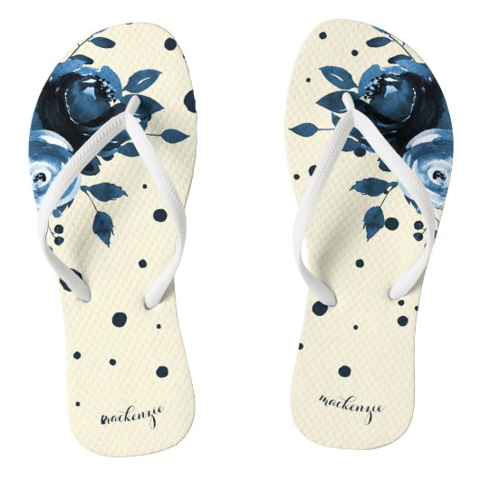Chic Blue Waterverf Floral met Stippen en Naam toe Teenslippers (Voetbed)