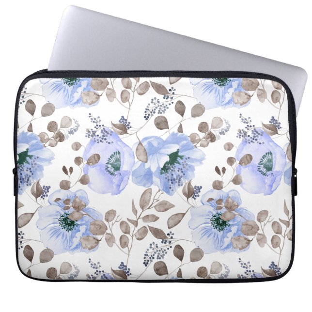 Chic Blue Waterverf Flowers Laptop Sleeve (Voorkant)
