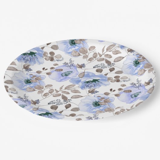 Chic Blue Waterverf Flowers Paper Borden Papieren Bordje (Gekanteld)
