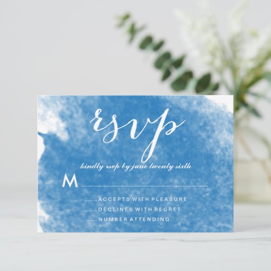 CHIC BLUE WATERVERF HUWELIJK RSVP KAARTEN KAARTJE (Staand voorkant)