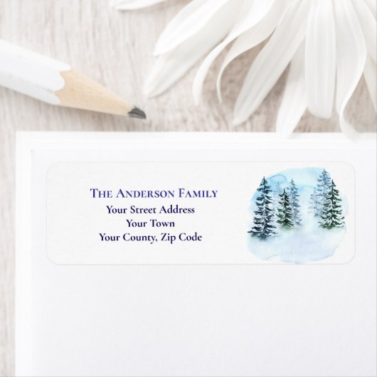 Chic Blue Waterverf Kerstbomen Naam Adres Etiket (Insitu)