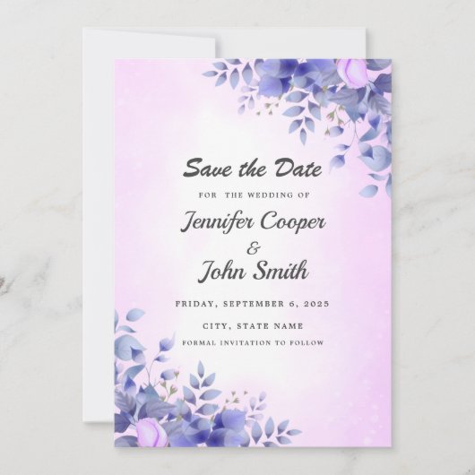 Chic Blue Waterverf roze rozen bruiloft Save The Date (Voorkant)