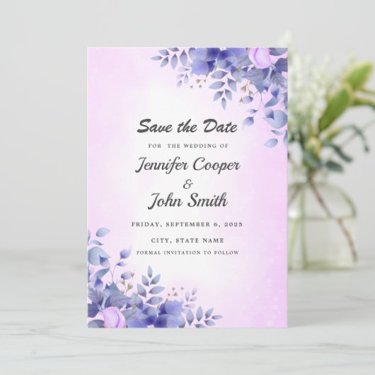 Chic Blue Waterverf roze rozen bruiloft Save The Date (Staand voorkant)