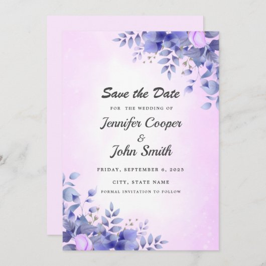 Chic Blue Waterverf roze rozen bruiloft Save The Date (Voorkant / Achterkant)