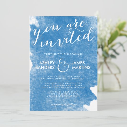 CHIC BLUE WATERVERF WEDDING INVITATION KAART (Staand voorkant)