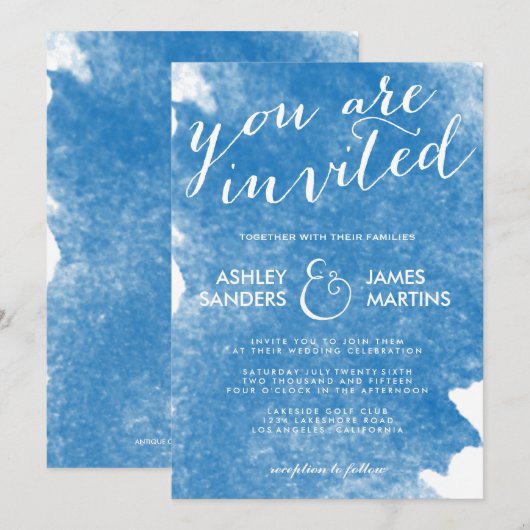 CHIC BLUE WATERVERF WEDDING INVITATION KAART (Voorkant / Achterkant)