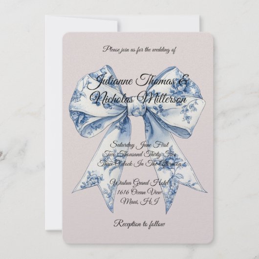 Chic Blue White Bow Blush Pink Wedding Kaart (Voorkant)