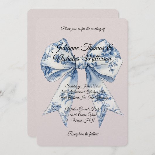 Chic Blue White Bow Blush Pink Wedding Kaart (Voorkant / Achterkant)