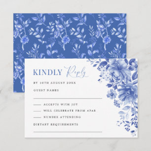 Chic Blue White Chinoiserie Floral Wedding RSVP Kaart