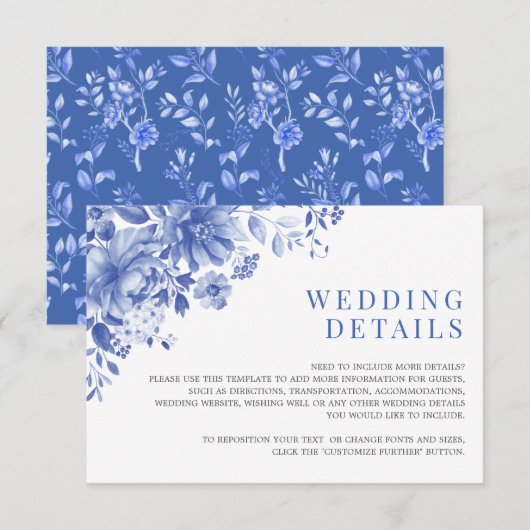 Chic Blue White Chinoiserie Garden Wedding Details Informatiekaartje (Voorkant / Achterkant)