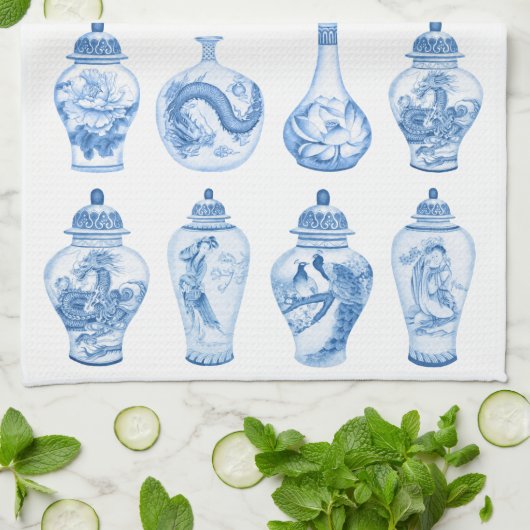 Chic Blue White Chinoiserie Porcelain Ginger Jars Theedoek (Gevouwen)