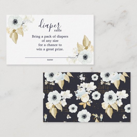 Chic Blue & White Floral Baby shower Diaper Raffle Informatiekaartje (Voorkant / Achterkant)