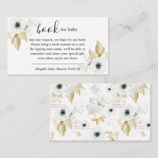 Chic Blue & White Floral Book Request Baby shower Informatiekaartje (Voorkant / Achterkant)