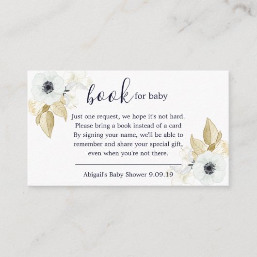 Chic Blue & White Floral Book Request Baby shower Informatiekaartje (Voorkant)