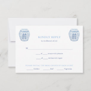 Chic Blue & White Ginger Jars Maaltijd Keuzes Huwe RSVP Kaartje
